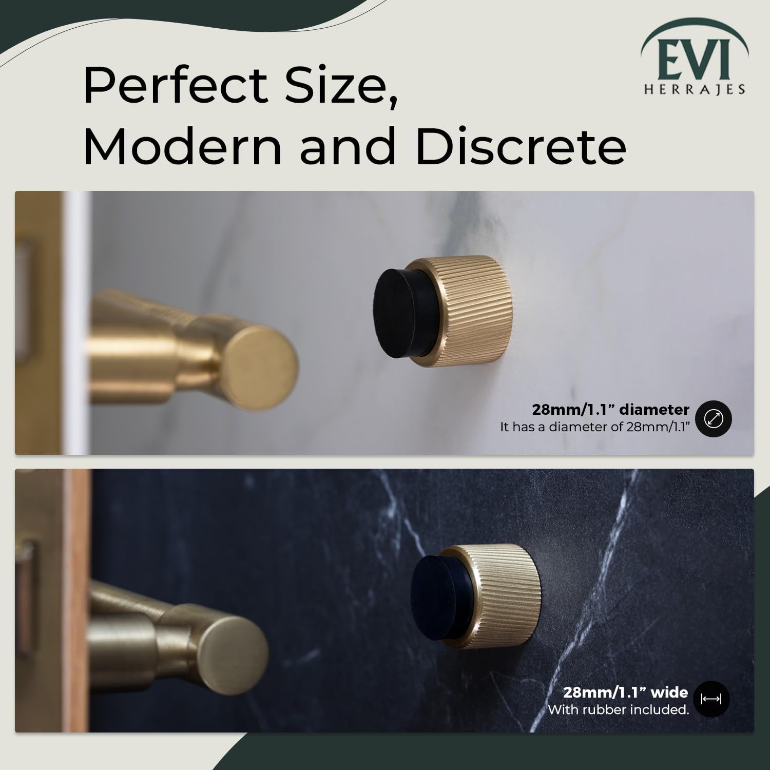 EVI Herrajes | Designer Wall Door Stop - Fluted Texture - 1.1" x 1.1" - Brass Matte Finish Black Rubber - Adhesive and Screw Fastening
