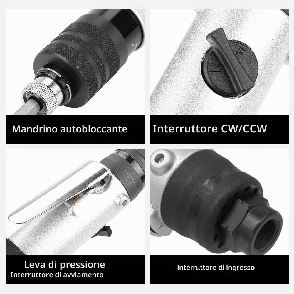 Cacciavite Pneumatico, Reversibile Avvitatore a Aria Semiautomatica, Cacciavite Pneumatico con Frizione a 1000RPM Impugnatura a Mano Dritta