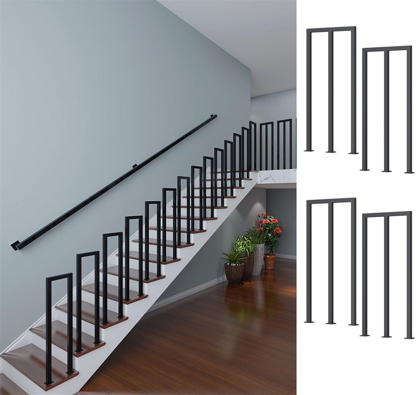 Rambarde extérieure en U fer forgé noir pour escalier de terrasse