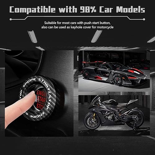Vista 4 de Tybasthe Rotary Push Start Button Cover, Carbon Fiber Car Accessories Engine Start Stop Button Cover, Car Stickers Interior Decor, Motorcycle Fibra