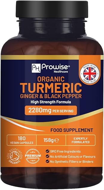 Organic Turmeric 2280mg (High Strength) with Black Pepper & Ginger - 180 Vegan Turmeric Capsules with Active Ingredient Curcumin I Soil Association Approved I UK Made by Prowise Healthcare