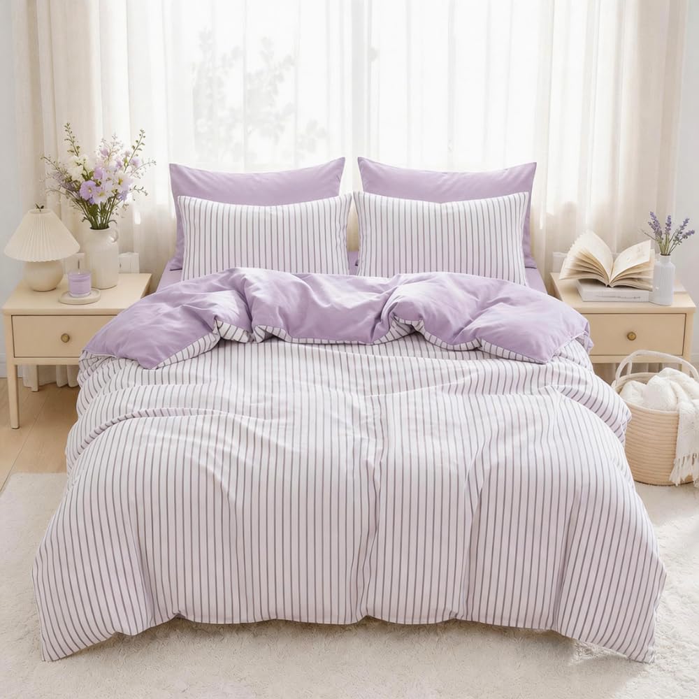 Michorinee Double Duvet Cover Purple White Stripe Striped Bedding Set Aesthetic Cute Modern Microfibre Double Bed Comforter Soft Girls Quilt Cover 200x200 with Zipper Closure and 2 Pillowcases 50x75