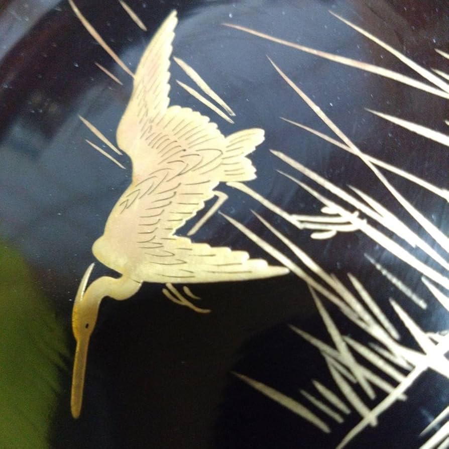 漆器】輪島塗 江戸期 金蒔絵 金縁 本漆塗 天然木 白鷺紋様 水辺を