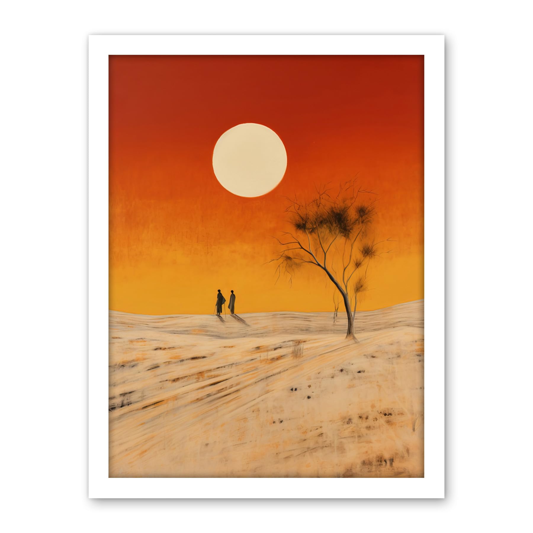 Artery8 Desert Landscape Sunset Sun Oil Painting Amber Orange Yellow Windswept Dunes Artwork Framed Wall Art Print 18X24 Inch