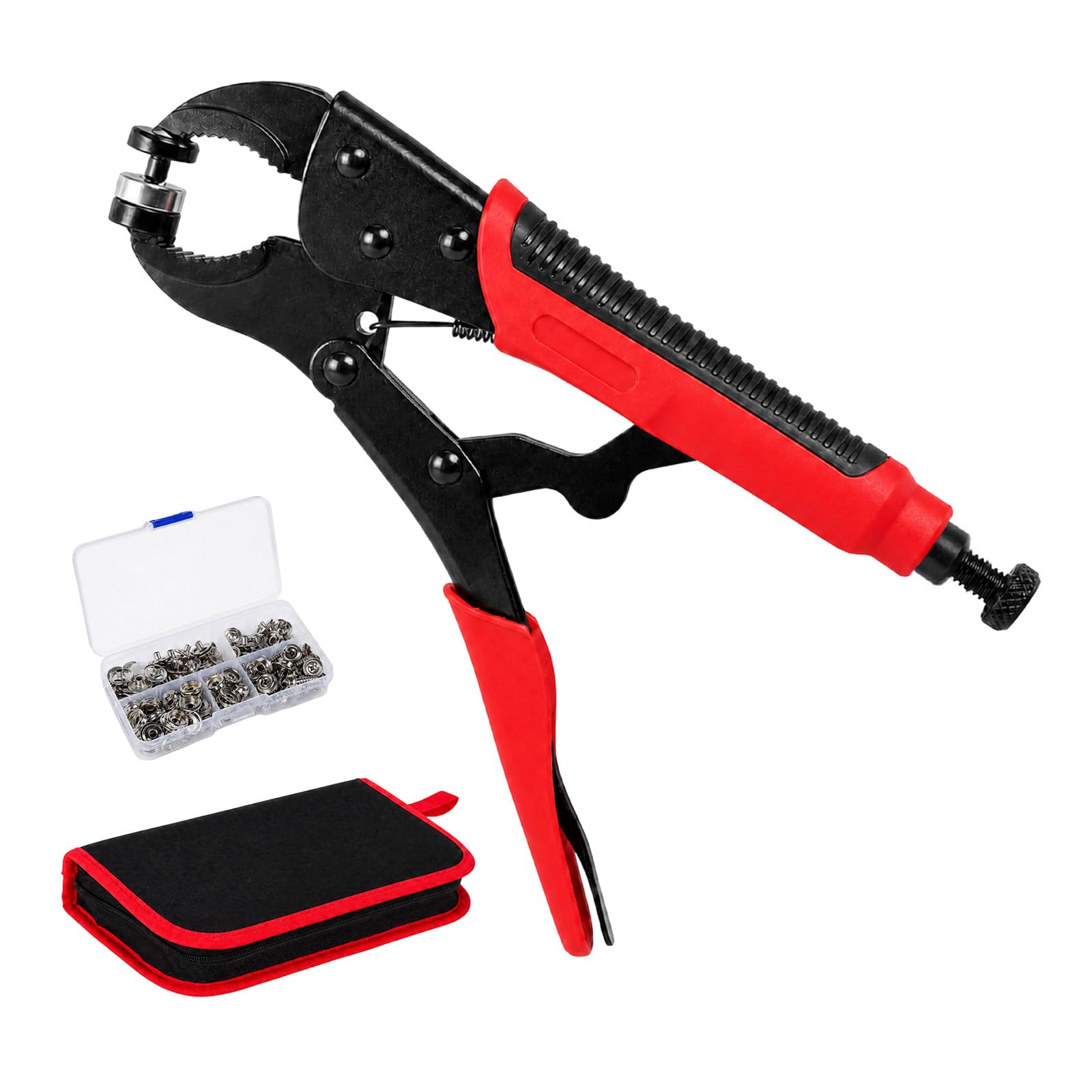Snap Fastener Kit Adjustable Press Tool for Boat Covers Leather Black Red | Adjustable snap fastener tool, stainless steel press pliers, punch dies, 40 snaps, 20 rivets, storage kit easy use kit
