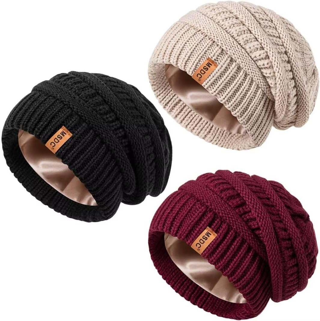 3 Pack Satin Lined Beanie for Women, Warm Slouchy Winter Hats with Silk Lined, Fashionable Oversized Cable Knit Hat Skull Cap