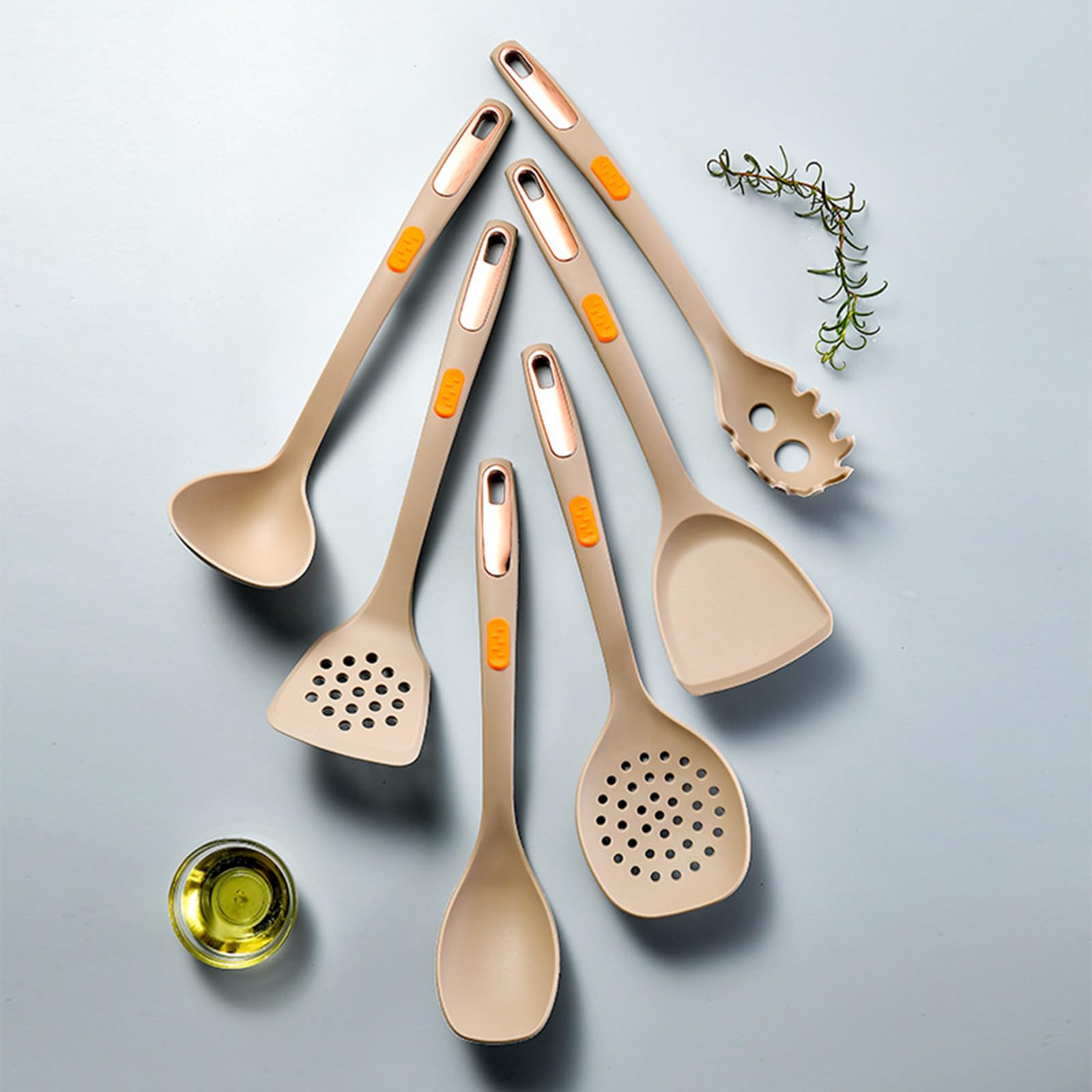 Küchenhelfer Set, Silikon Kochutensilien Kochbesteck Set, Hitzebeständiger Kochgeschirr,Antihaft Kochset Küchenutensilien, Spülmaschinenfest 7 Teiliges,Khaki