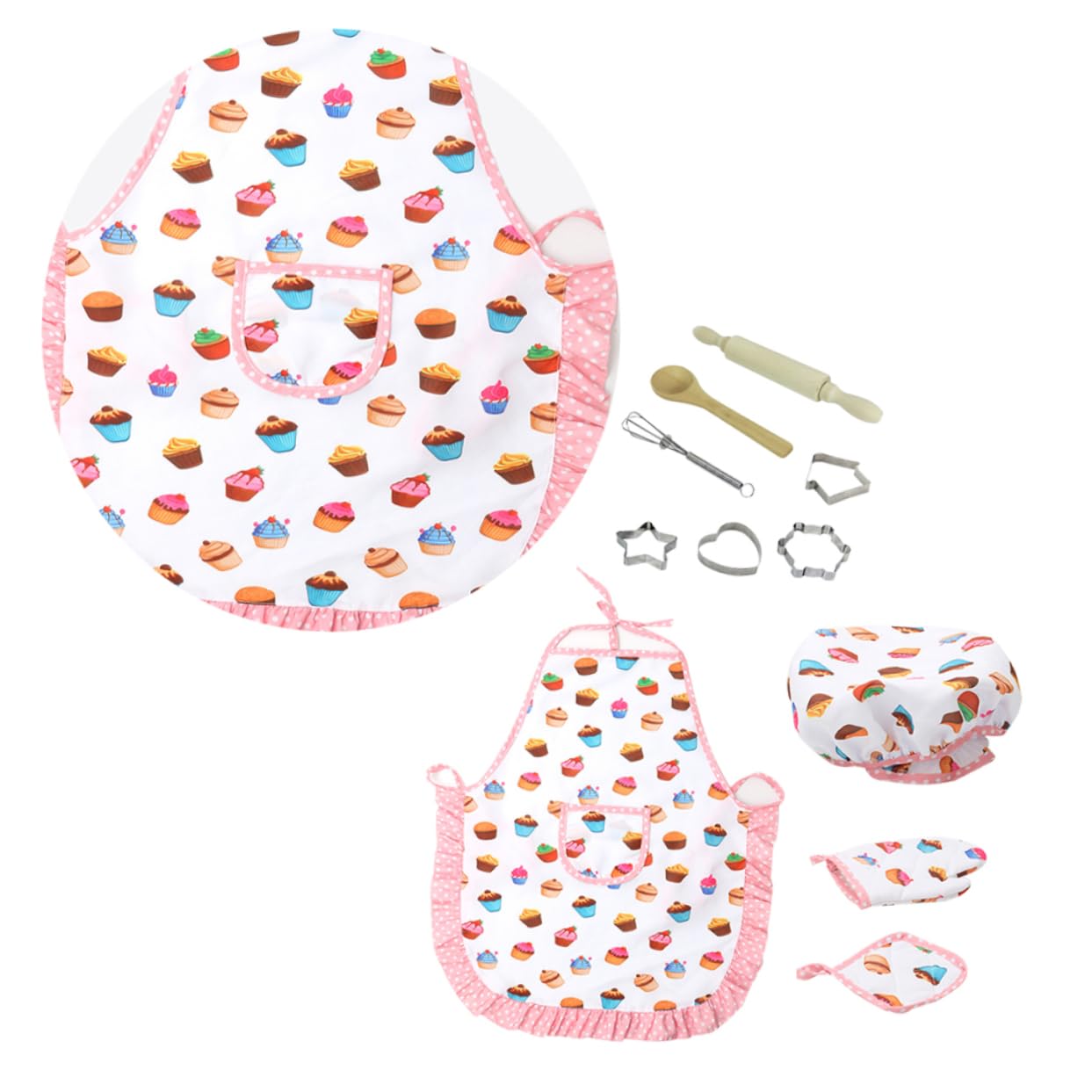 Juego de Cocina Infantil para Niñas Delantal, Gorro y 4 Moldes Adhesivos, Material de Tela Lavable y Fácil de Transportar para Juegos de Cocina y Vacaciones
