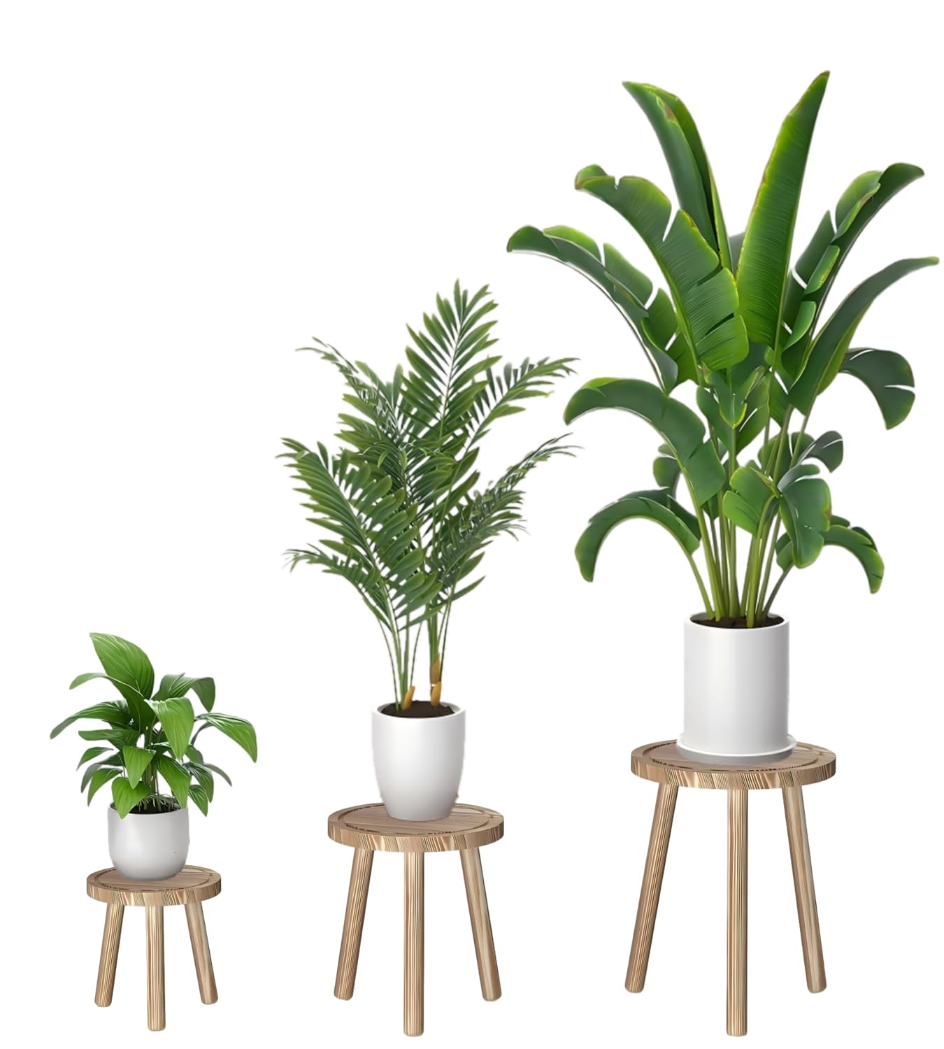 3-Pack Wood Plant Stands Indoor, Single Plant Stand for 6-12 Inch Pots, Mid-Century Modern Plant Stool, Tall Plant Stand for Large Plants Perfect Fit for Living Room (Light burnt color, 3 Pack)
