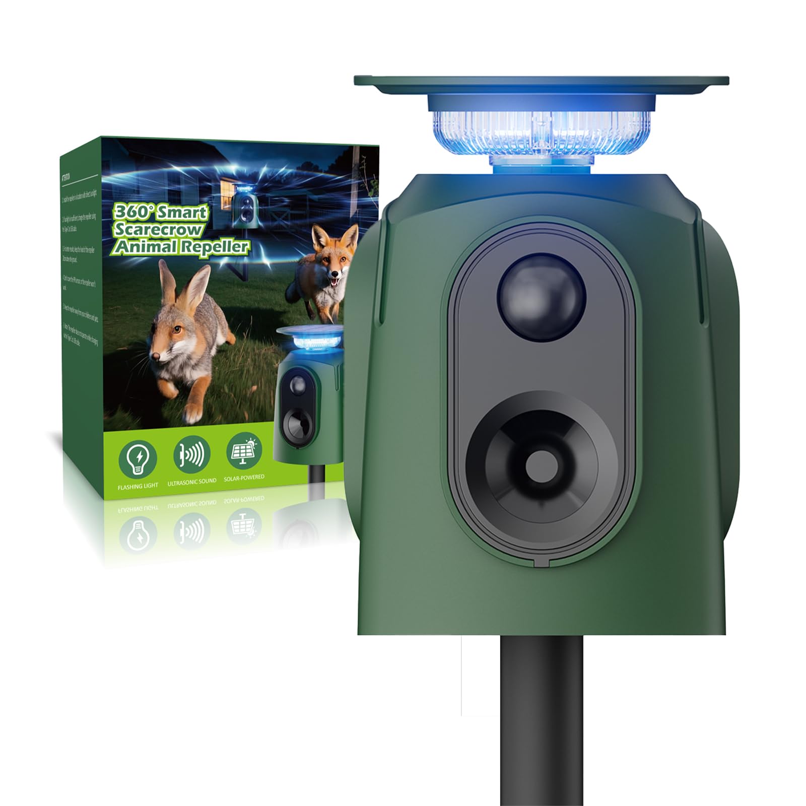 Katzenschreck Ultraschall Solar 360, Katzenschreck für Garten, leistungsstarkem LED-Licht, IP65 wasserdicht, 10m Reichweite gegen Katzen, Hunde, Vögel, Waschbär & Mäuse