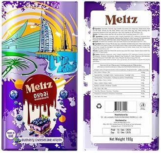 Meltz Pistachio Dubai Chocolate Blueberry Cheesecake Knafeh Bar 192g - Filled With Premium Berry Cream Crispy Kataifi - Luxury Rich Milk Chocolate, Individually Wrapped - Perfect Dubai Sweets Treat Box Dairy Gift (pack of 1