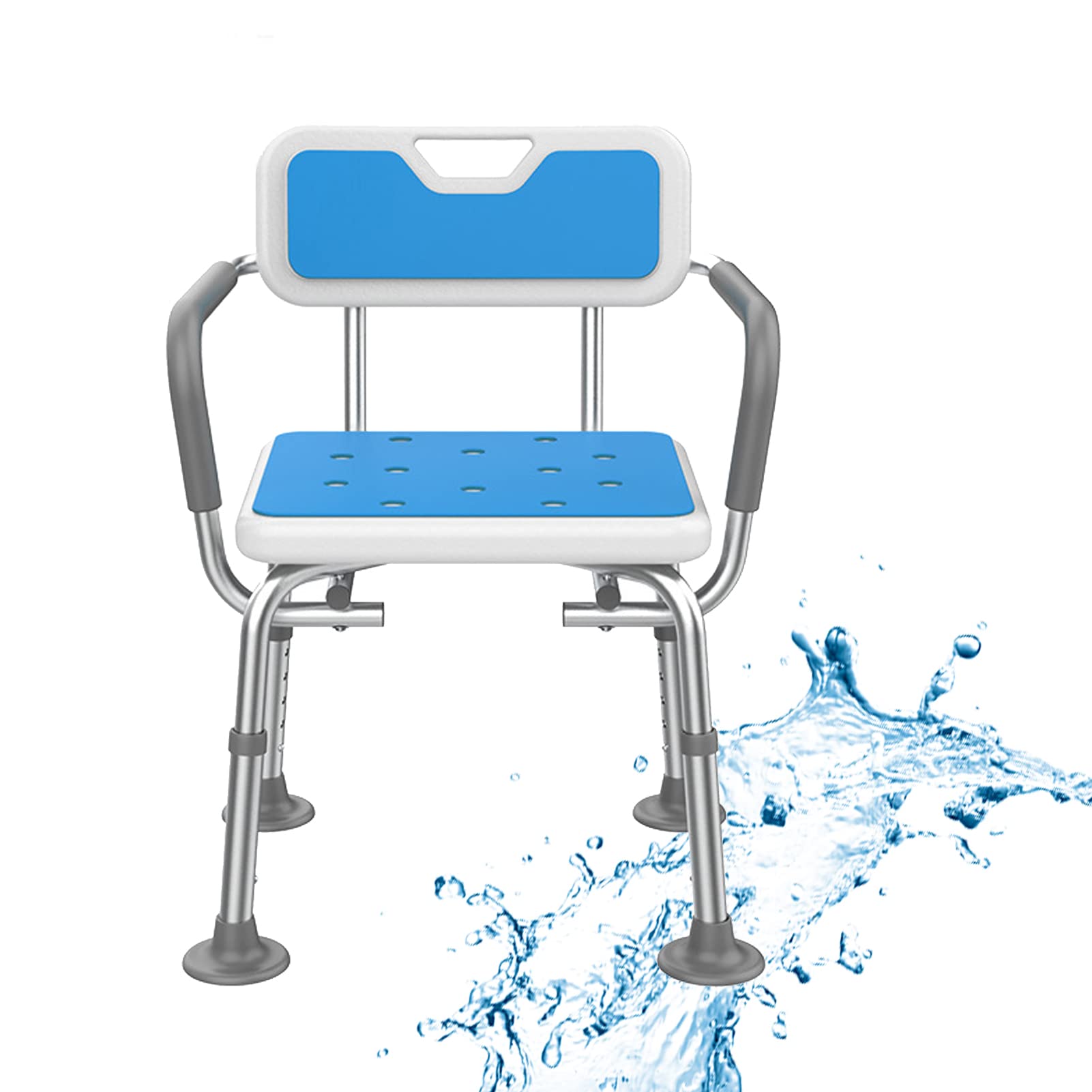 Silla de ducha con asiento para bañera con respaldo y reposabrazos, asiento de baño de aluminio, taburete de ducha multifuncional de 5 niveles de altura ajustable, alfombrillas antideslizantes para