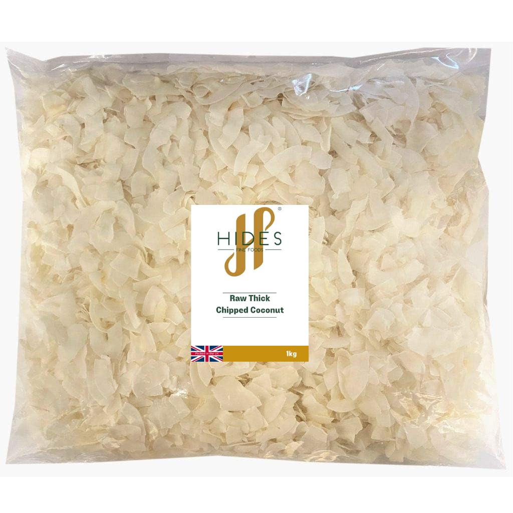 Hides Fine FoodsRaw Thick Chipped Coconut 1kg - GMO Free - Suitable for Vegetarians - Baking - Granola - Breakfast - Snacking - Desserts - Cakes - Curries