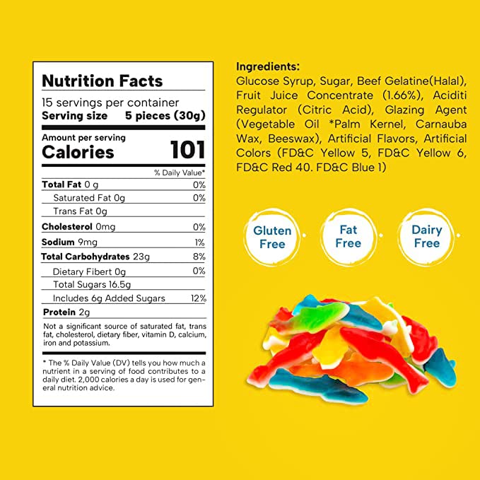 LaetaFood Assorted Fruit Gummy Sharks Candy (1 Pound Bag)