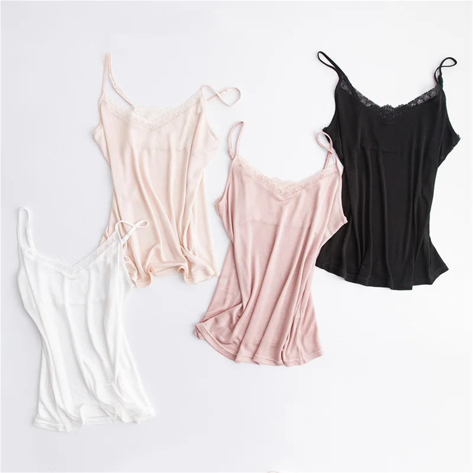 Camisola de Verano Seda Morera Natural Fresca for Mujer, Cuello en V, Sexy y cómoda, sin Mangas, con Encaje