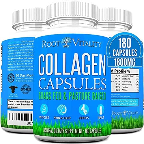 Root Vitality Collagen Capsules - Collagen Pills, 180 Count, for Skin, Hair, Nails & Joints, Collagen Supplements for Women & Men, Grass Fed, Non-GMO, Collagen Peptides Pills