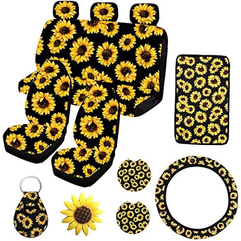 12PCS Sunflower Front and Rear Bench Seat Cover Full Set,Sunflower Car Accessories,Steering wheel cover,Car Armrest Cover,Car Vent,Coaster,Sunflower Gifts for Women,Universal for Auto Truck SUV Cover