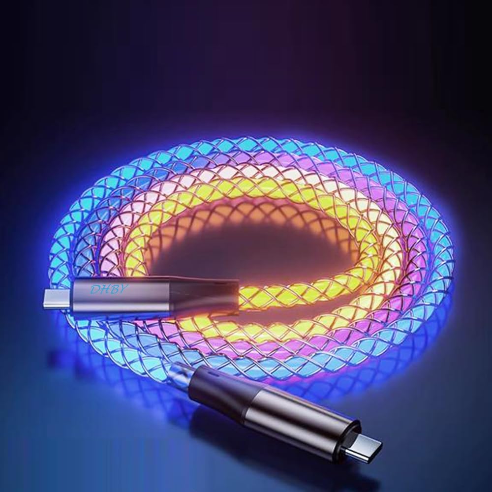 Cavo di ricarica rapida RGB da USB tipo C a tipo C PD 66 W, ricarica rapida, ad alta velocità di trasmissione dati, luce visibile, luce colorata RGB che scorre per tutti i dispositivi USB C, da
