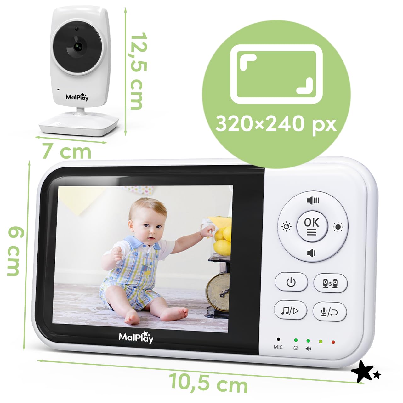 MalPlay Elektroniczna niania z kamerą Live Monitor Tryb nocny VOX Zoom LCD 3,2" NannyEye Lite 3,5"