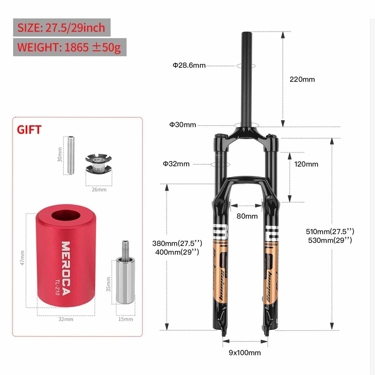 Horquilla de suspensión para Bicicleta de montaña de 27,5/29 Pulgadas, Recorrido de Aire de 120 mm, Freno de Disco Delantero Recto de 1-1/8", Cierre rápido de 9 * 100 mm, Bloqueo m