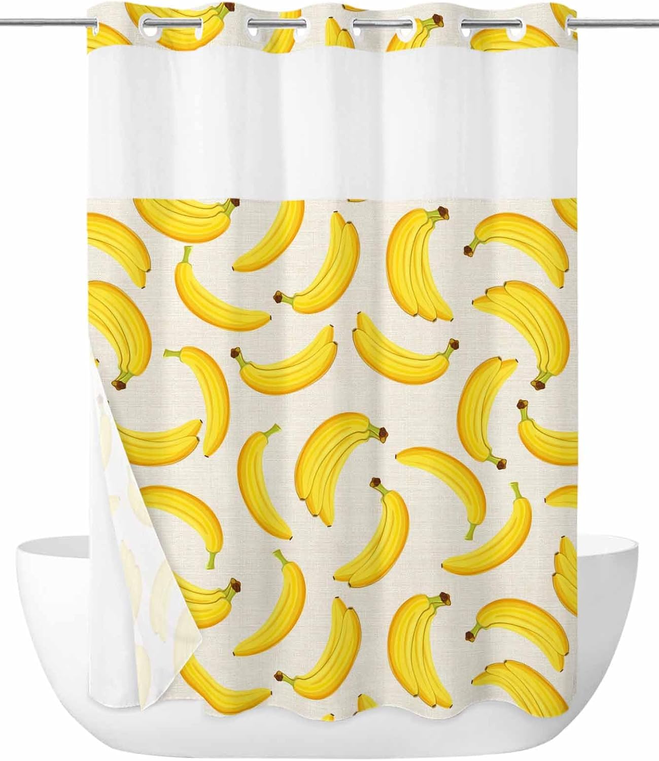 No Hook Shower Curtain with Snap in Fabric Liner Set Yellow Banana Shower Curtain for Bathroom Sweet Fruit Linen Bath Curtains Waterproof Inner Liner with See Through Top Window for Spa Hotel 72x84