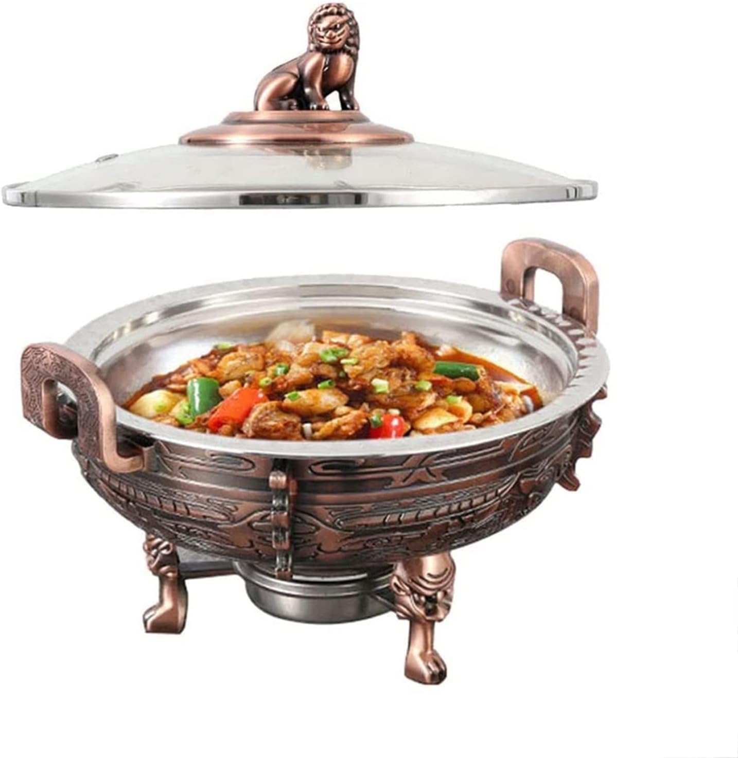 Juego de Plato Redondo y Calentador Alimentos Metal Duradero con Tapa Ventana Asas Laterales, Bandeja para Buffet Catering, Ideal para Fiestas, Cocina Eventos (Paquete 1)