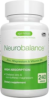 Neurobalance, High Absorption Zinc Magnesium B6 Supplement, Brain, Immune, Sleep & Muscle Recovery, Chelated Zinc Picolinate 24mg, Oxide-Free Magnesium & Vitamin B6, 240 Count, Vegan, by Igennus