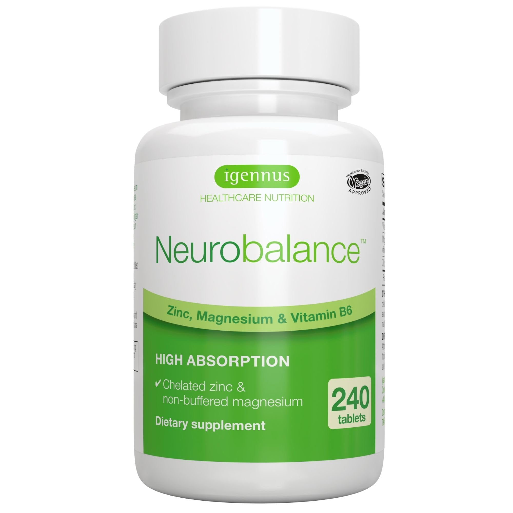 Igennus Neurobalance High Absorption Zinc Magnesium & B6 Complex, Cognitive Support, Focus & Muscle Recovery, 24mg Chelated Zinc Picolinate, All Day Nutrient Delivery, Vegan, Non-GMO, 240 Tablets