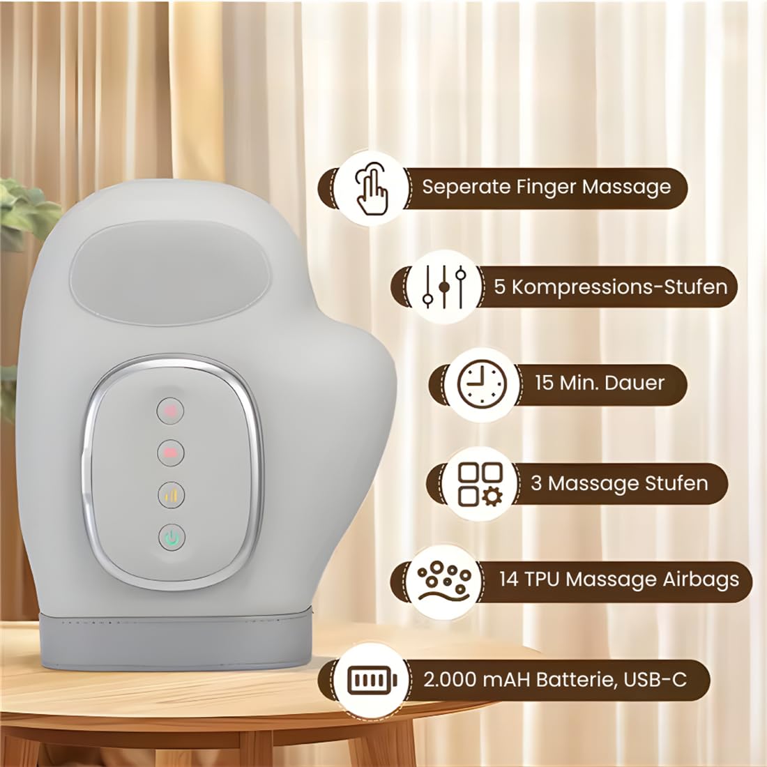 Kabelloses Handmassagegerät mit Wärme & Kompression – 5 Intensitätsstufen, ergonomisch, gegen Arthrose, Karpaltunnelsyndrom & steife Finger