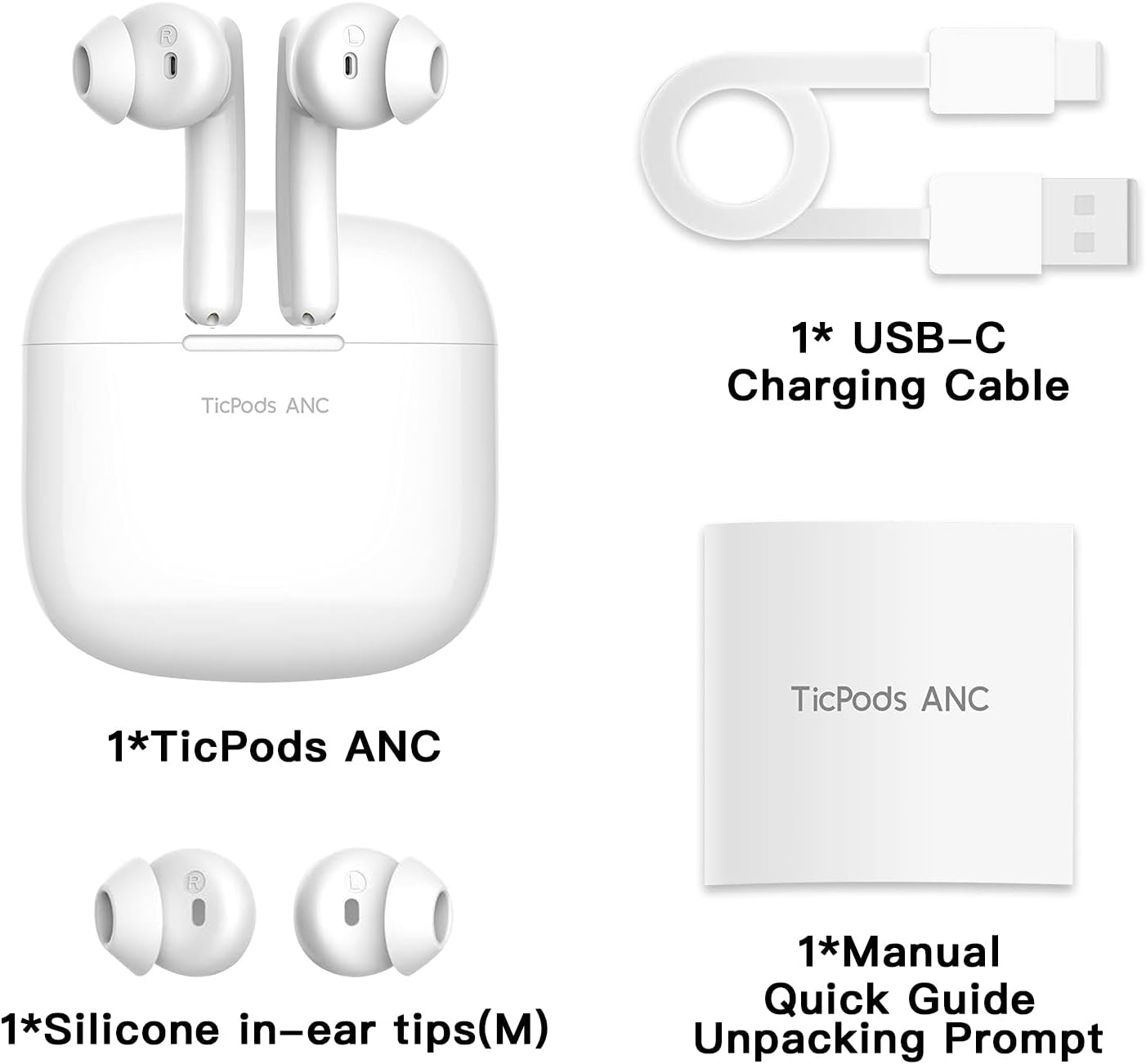 TicPods ANC Active Noise Cancellation True Wireless Earbuds Bluetooth 5.0 IPX5 Sweat and Water Resistant with Type C Charging for Running and Sports Charging Case Included-Ice