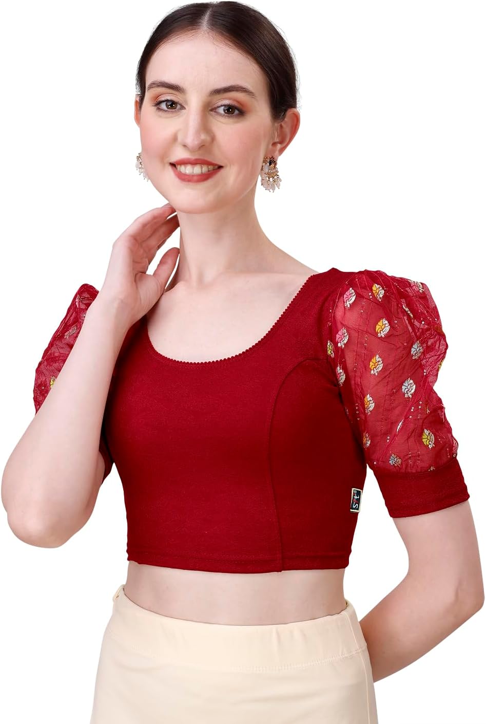SFTWomen's Cotton Lycra Blend Readymade Saree Blouse with Round Neck Half Sleeves Solid Pattern Knit Weave Regular Fit and Pull On Closure