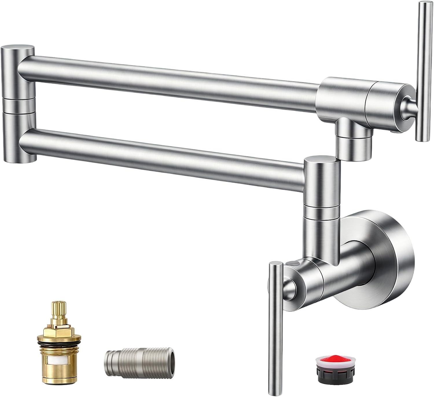 Fransiton Brushed Nickel Pot Filler, Pot Filler Faucet Wall Mount, Brass Folding Stretchable with Double Joint Swing Arm Single Hole Two Handles Kitchen