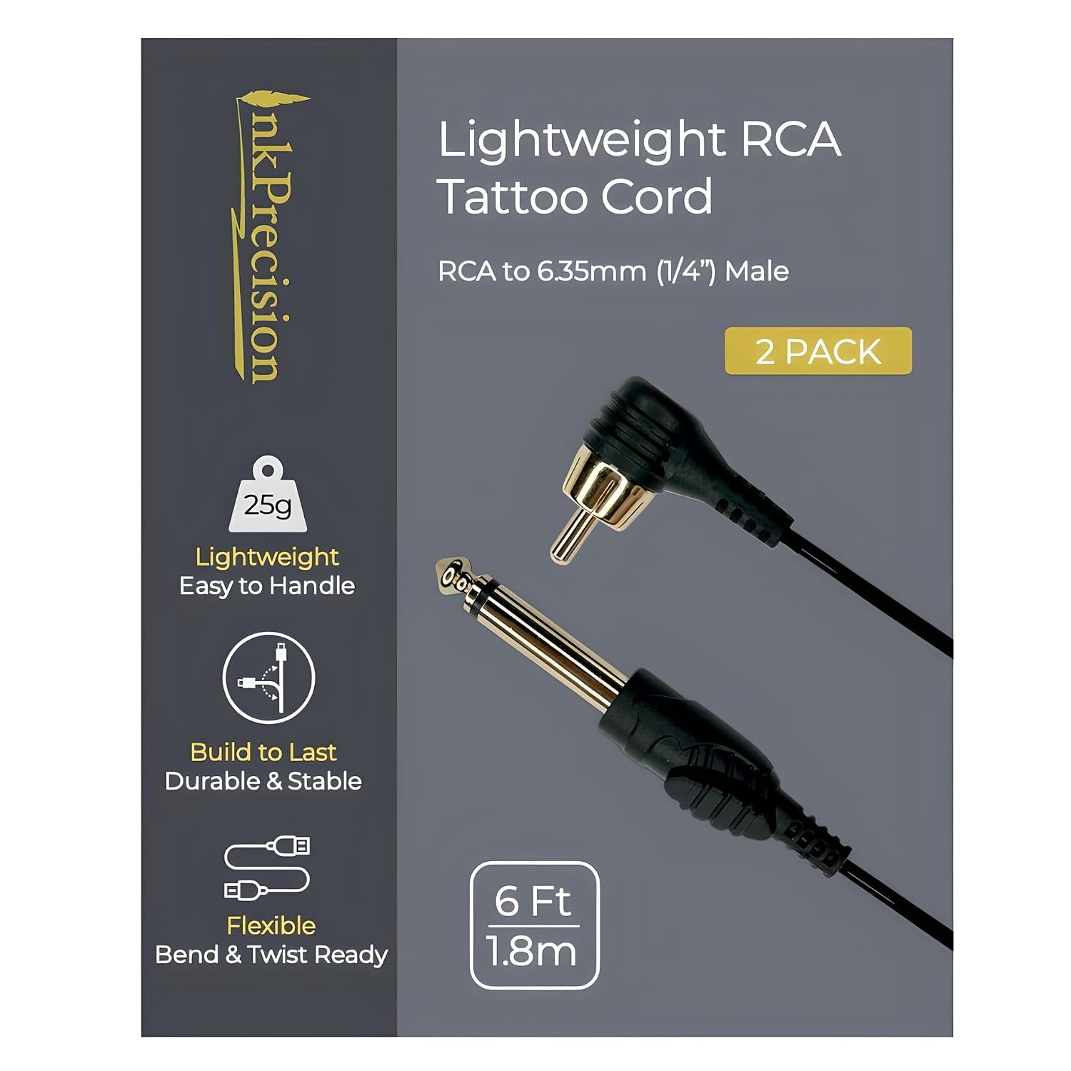 Lightweight RCA Tattoo Clip Cord - 90 Degree RCA to 6.35mm (1/4") Cable for Professional Rotary Tattoo Machine Gun, Silicone Cables for PMU Tattoo PMU Pen Power Supply (6FT, 1Pack)