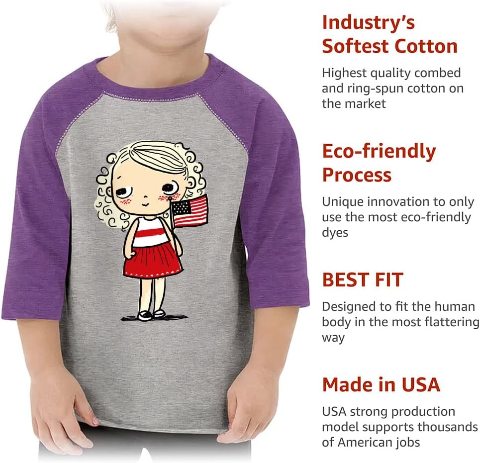 American Flag Design Toddler Baseball T-Shirt - Cute Cartoon 3/4 Sleeve T-Shirt - Cute Design Kids' Baseball Tee