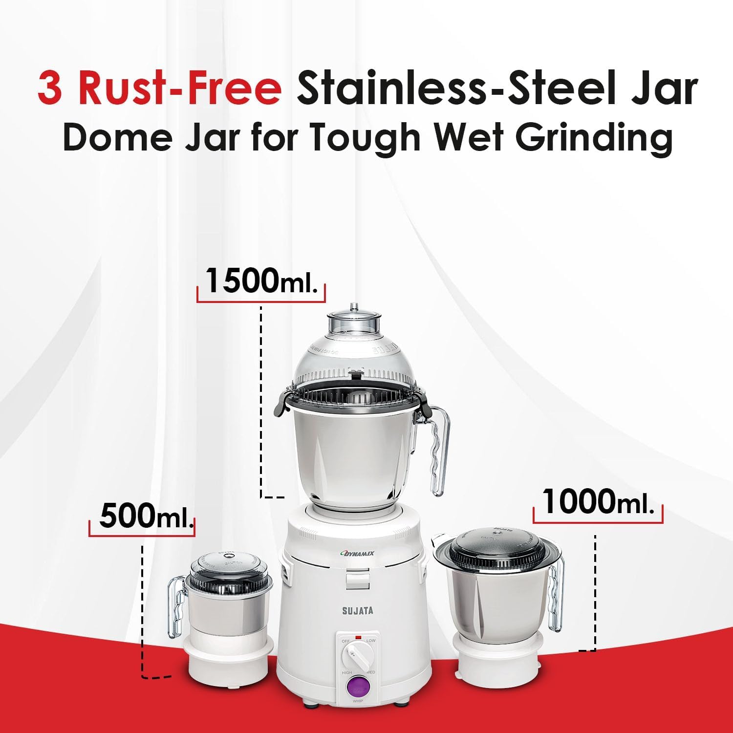 Sujata Dynamix Mixer Grinder 900 Watts Powerful Motor 22000 RPM 90 Minutes Continuous Running 3 Versatile Stainless Steel Jars (1500 ml, 1000 ml, 400 ml) Heavy-Duty Indian Mixer Grinder