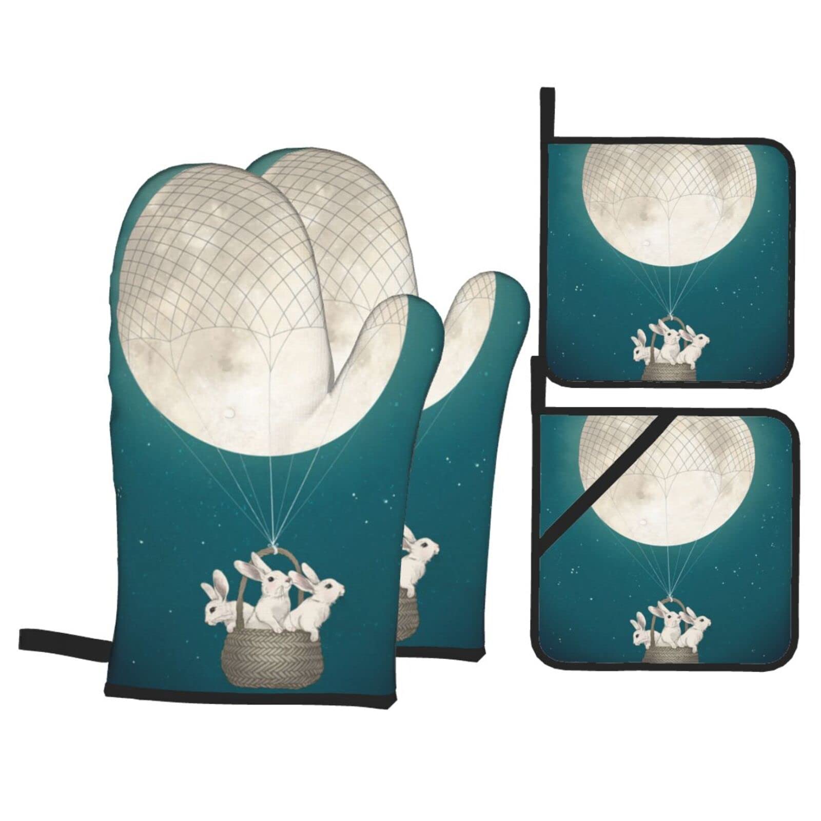 Cute Bunny Print Kitchen Baking Four Piece Set of Heat Resistant Thick Cotton Oven Mitts for Cooking, Baking and Grilling