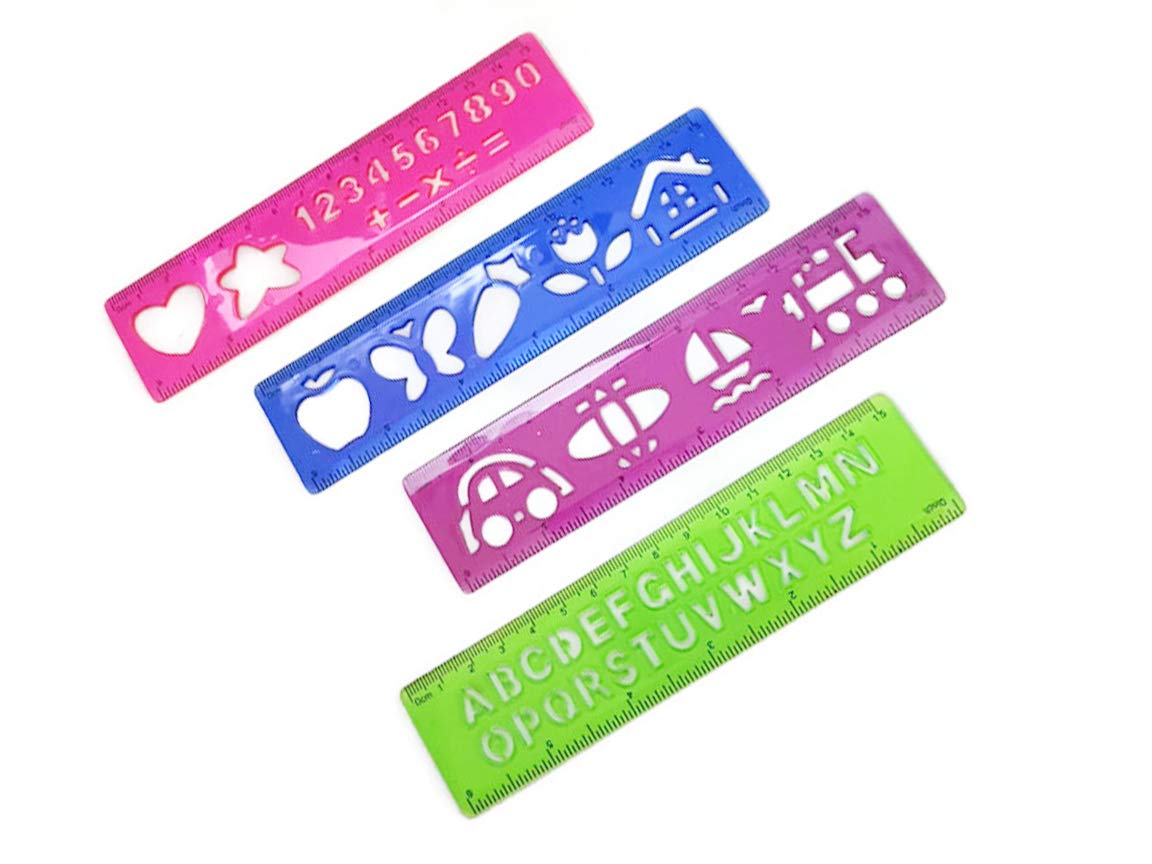 Plastic Drawing Stencil Templates for Kids Crafts Rulers 6 inch Assorted Colors (4 Pcs), OR4.1