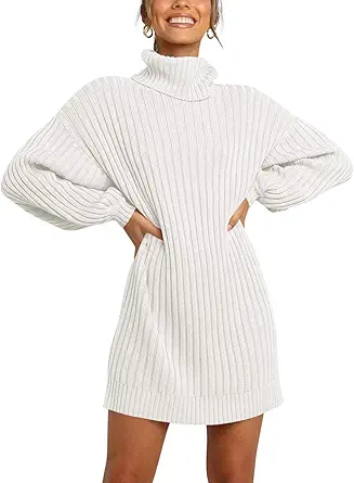 LOGENE Women's Sweater Dress Turtleneck Long Balloon Sleeve Ribbed Knit Oversized Pullover Dresses