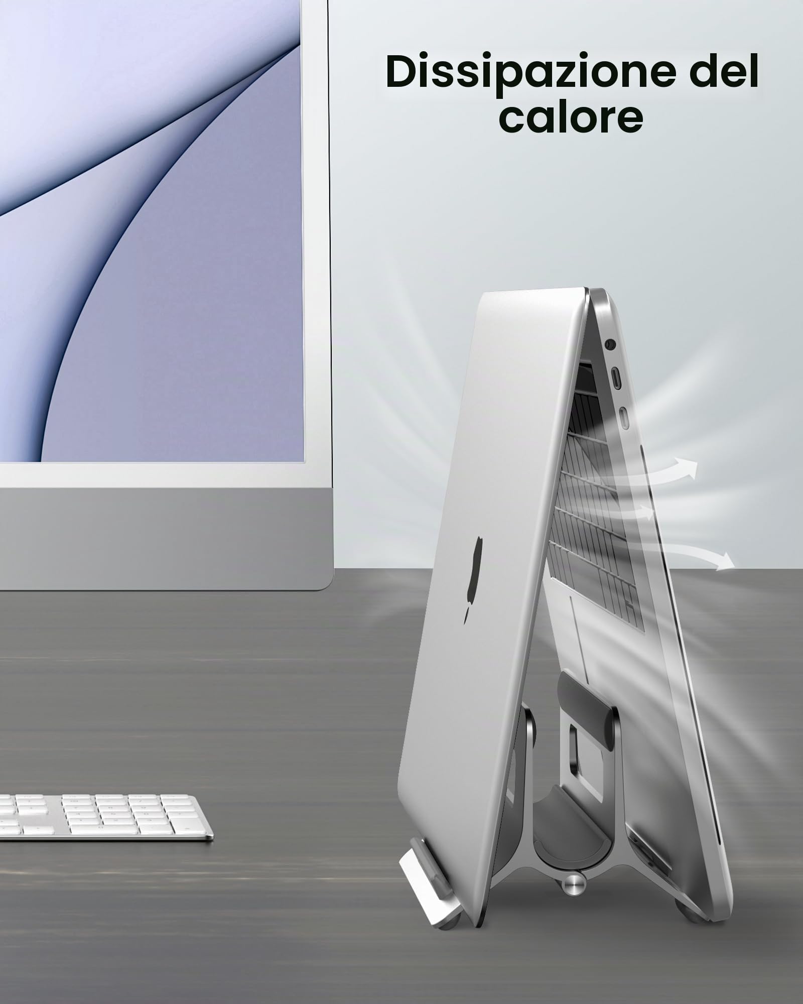 SODI Supporto per laptop verticale in alluminio, per MacBook Air, MacBook Pro, iPad, iPhone, con bloccaggio a gravità, regolazione automatica, design minimalista e ergonomico