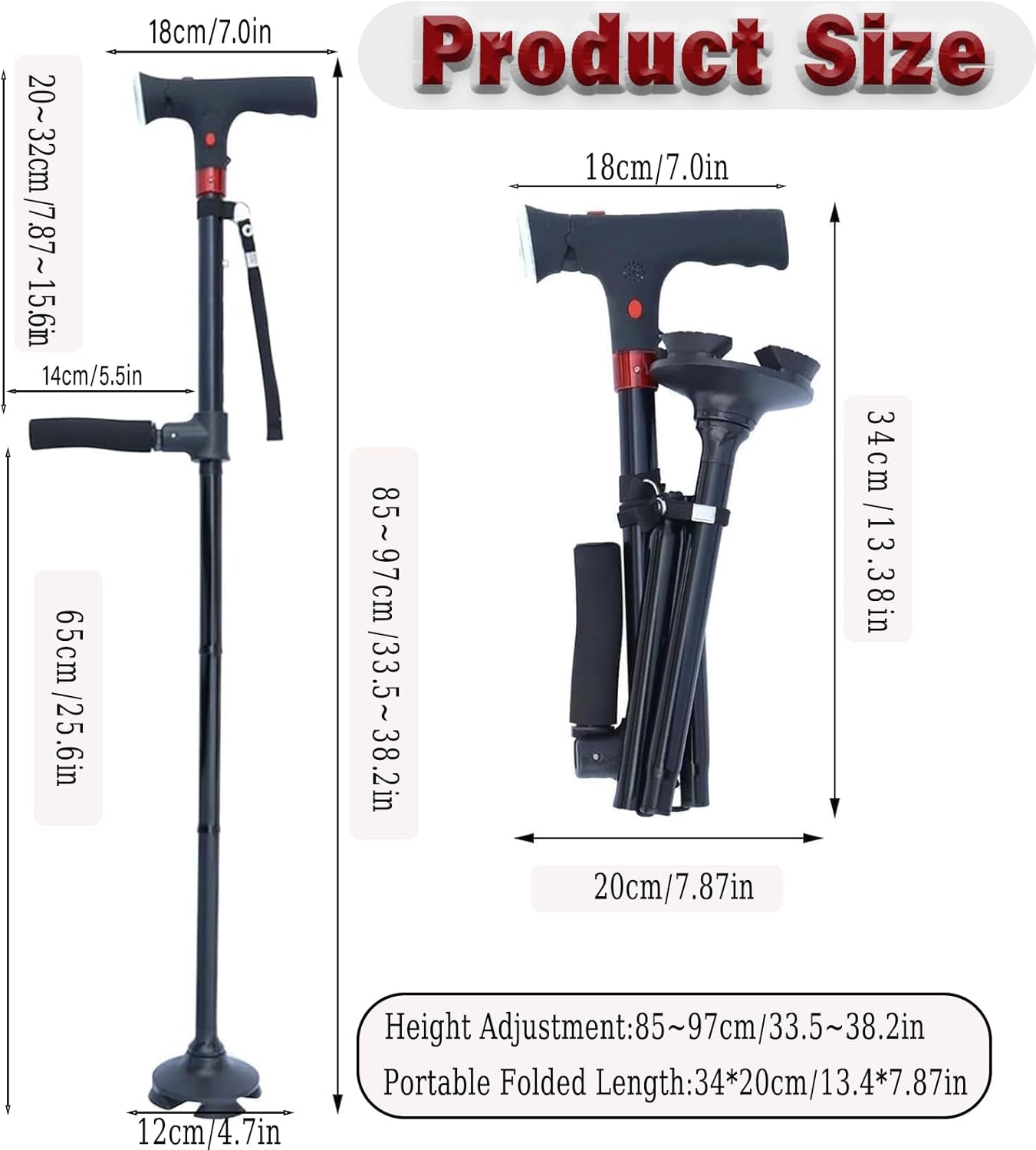 2026 New Smart Walking Cane for Men Women, 3-in-1 Upgrade Smart Walking Canes with Light and Alarm, Foldable Dual Handles, Adjustable Canes for Elderly,Seniors Veterans & Parents