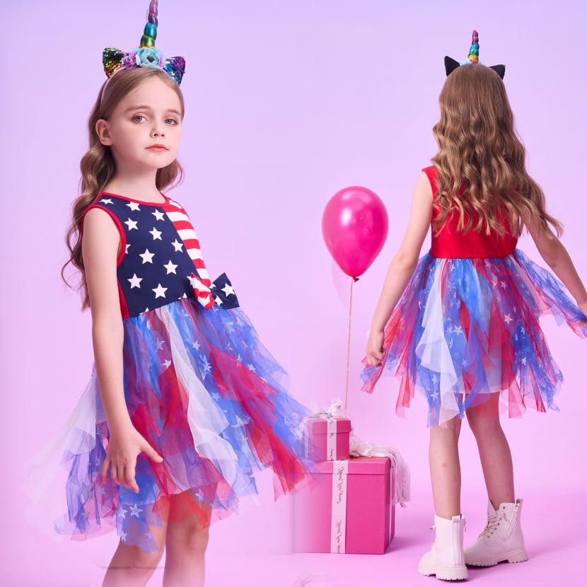VIKITA Girls Dresses Summer 4th of July Party Blue Tutu Dress for 2-12 Years Kids4