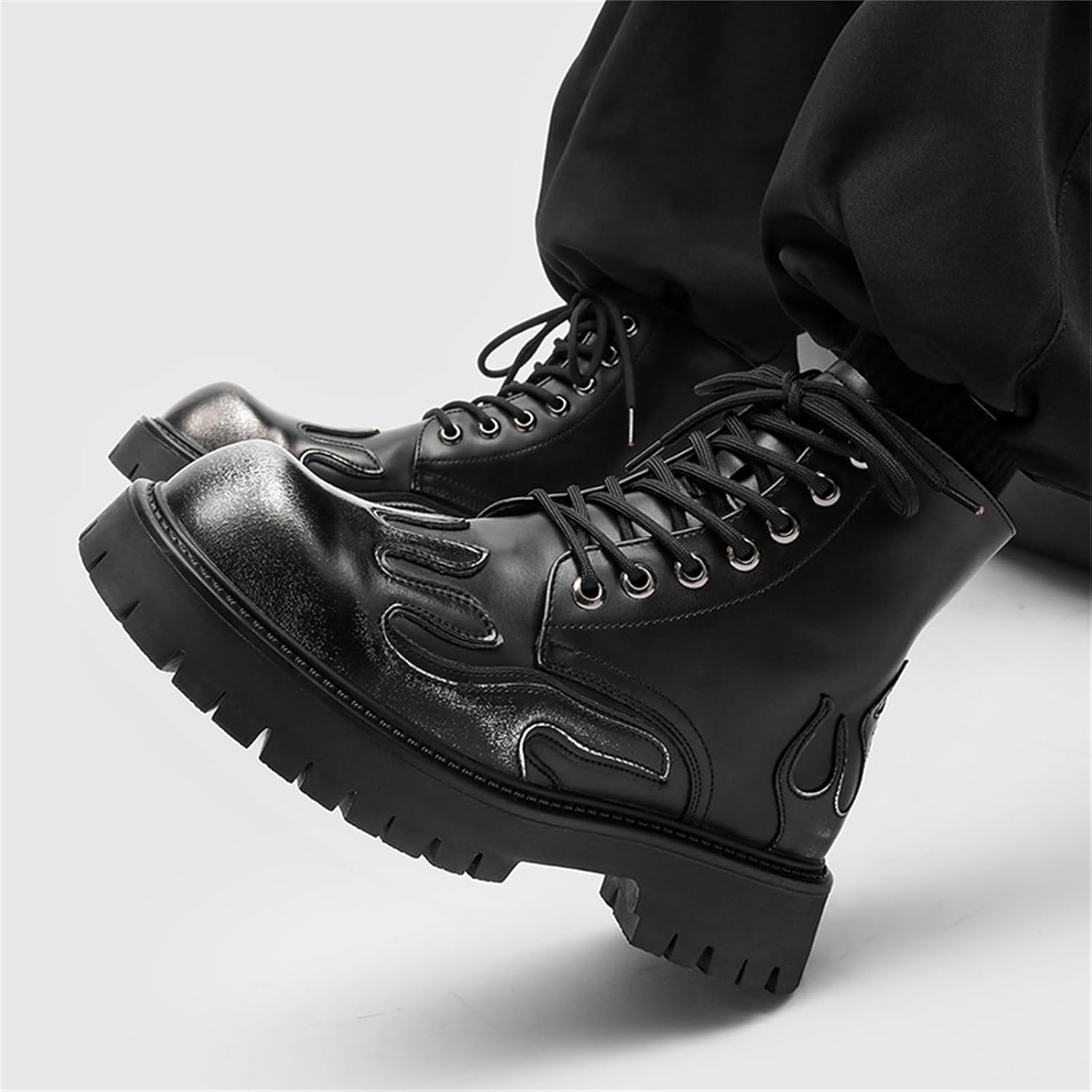 Men's Punk Fire Toe Platform Motorcycle Combat Boots Leather Biker Boot Fashion Casual Ankle Boots
