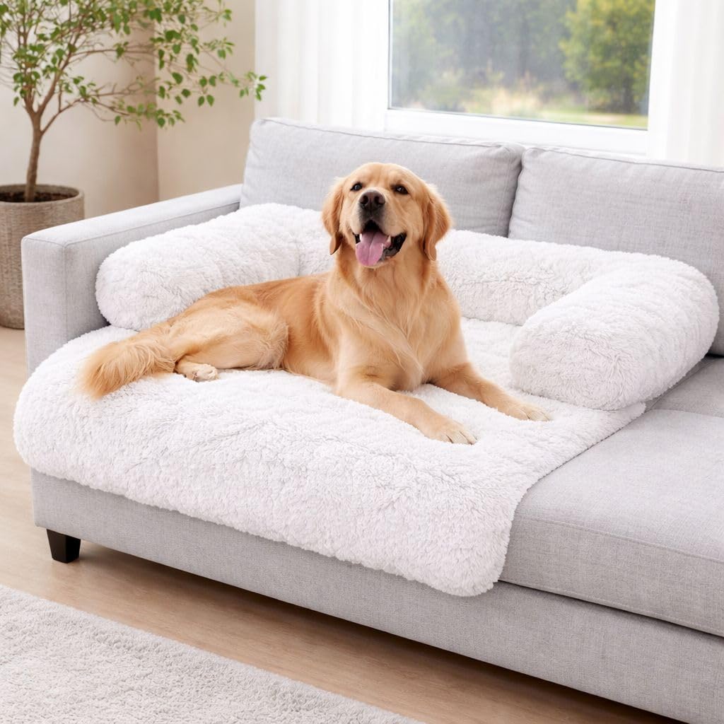 LavishFashionTown Luxury Plush Sofa Dog Bed Waterproof Pet Cushion with Raised Bolster Sides Non Slip Base Washable Square Pet Bed for Dogs & Cats - White, 90 x 90 x 15 cm
