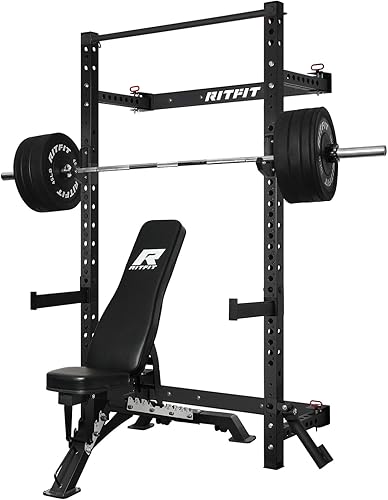 Miniatura 12 de RitFit 2.36'' x 2.36'' Folding Squat Rack for Home Gym, Wall Mounted Squat Rack with Attachments - Space Saving Squat Power Rack Negro