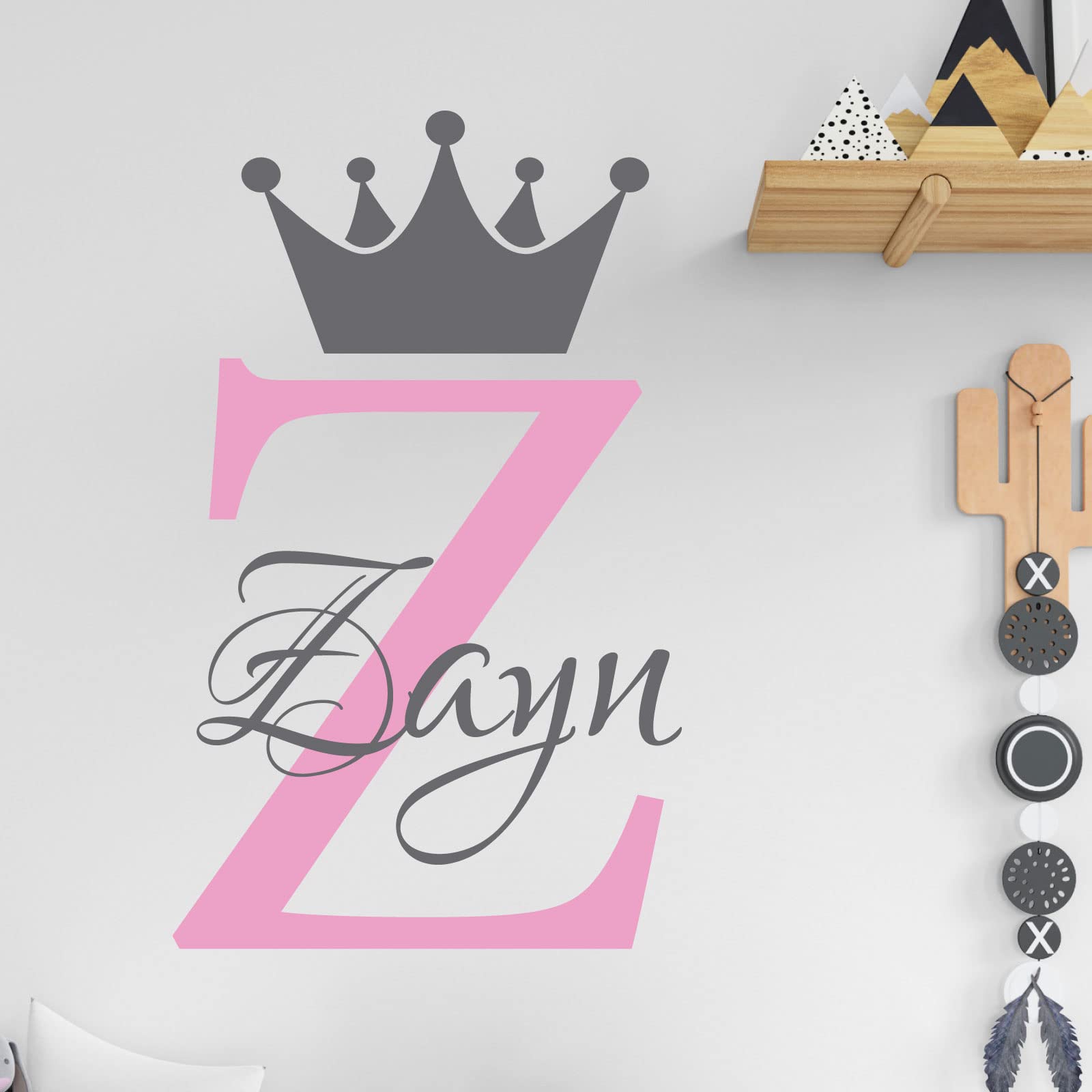 Personalised Name Baby Prince Princess Decal Wall Sticker - Initial Letter Crown [Medium] [Pink]