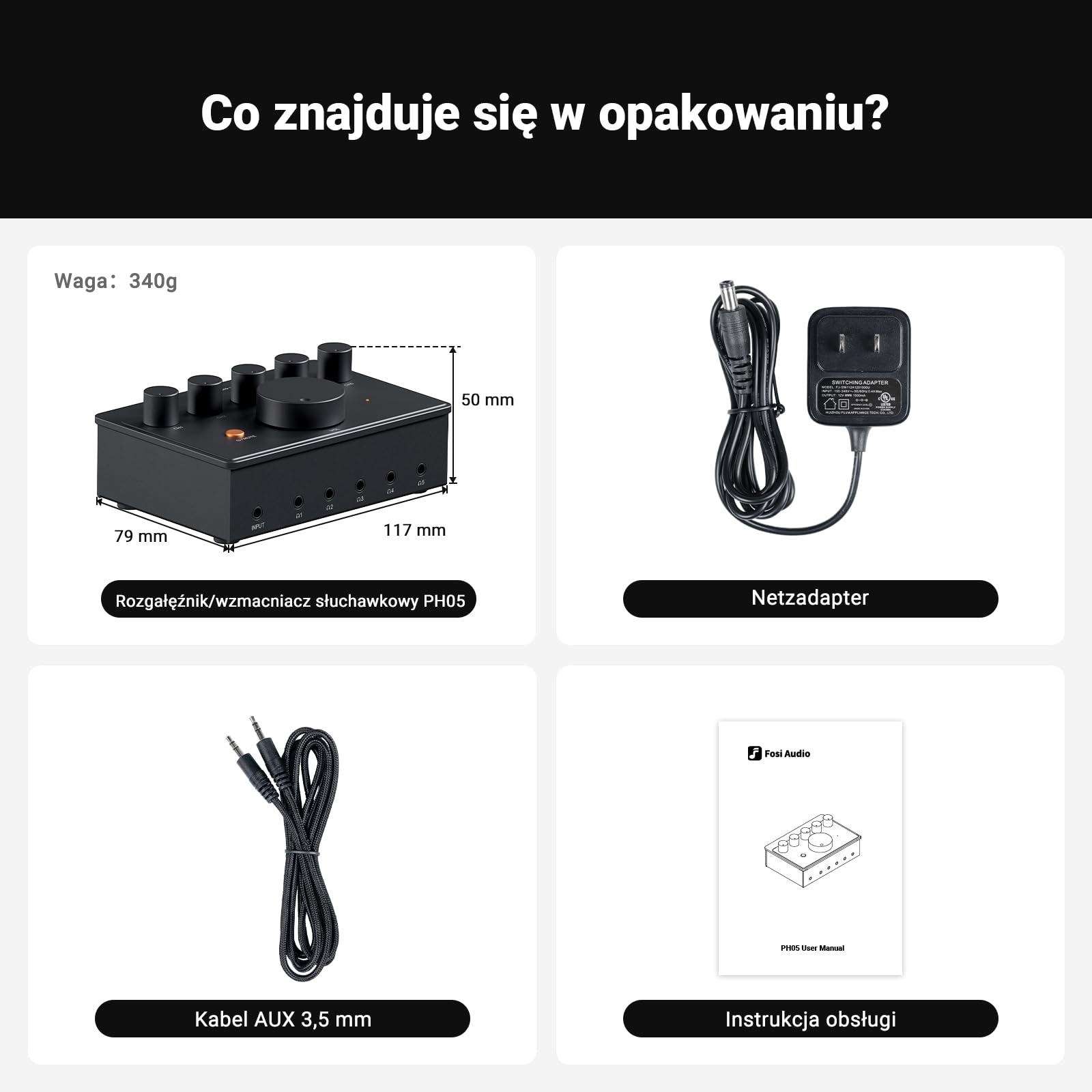 Fosi Audio PH05 5-kanałowy wzmacniacz słuchawkowy z rozgałęźnikiem, mini wzmacniacz słuchawkowy do miksera studyjnego/udostępniania dźwięku z IEM o wysokiej impedancji 16–300 omów