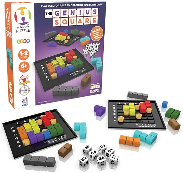 The Happy Puzzle Company - The Genius Square & Collection - Puzzle Challenges for Friends and Family Board Game Night - Logic STEM Educational Learning Resources (The Genius Square) - 1
