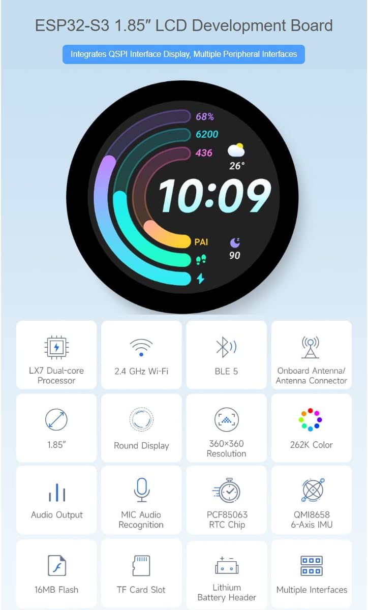 waveshare ESP32-S3 1.85inch Round Touch Display Development Board 360×360 Resolution 262K Color LCD Screen, 32-bit LX7 Dual-core Processor,Supports WiFi & Bluetooth