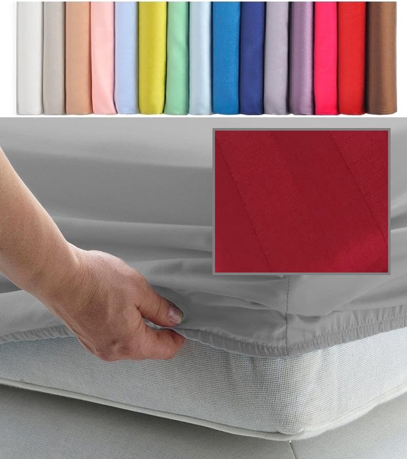 EURO DOUBLE SIZE FITTED SHEET 55" x 78" - CONTINENTAL 300 Thread Count Percale Material - Hand Made to Order - 10" (26cm) (Satin Stripe Burgundy Red)
