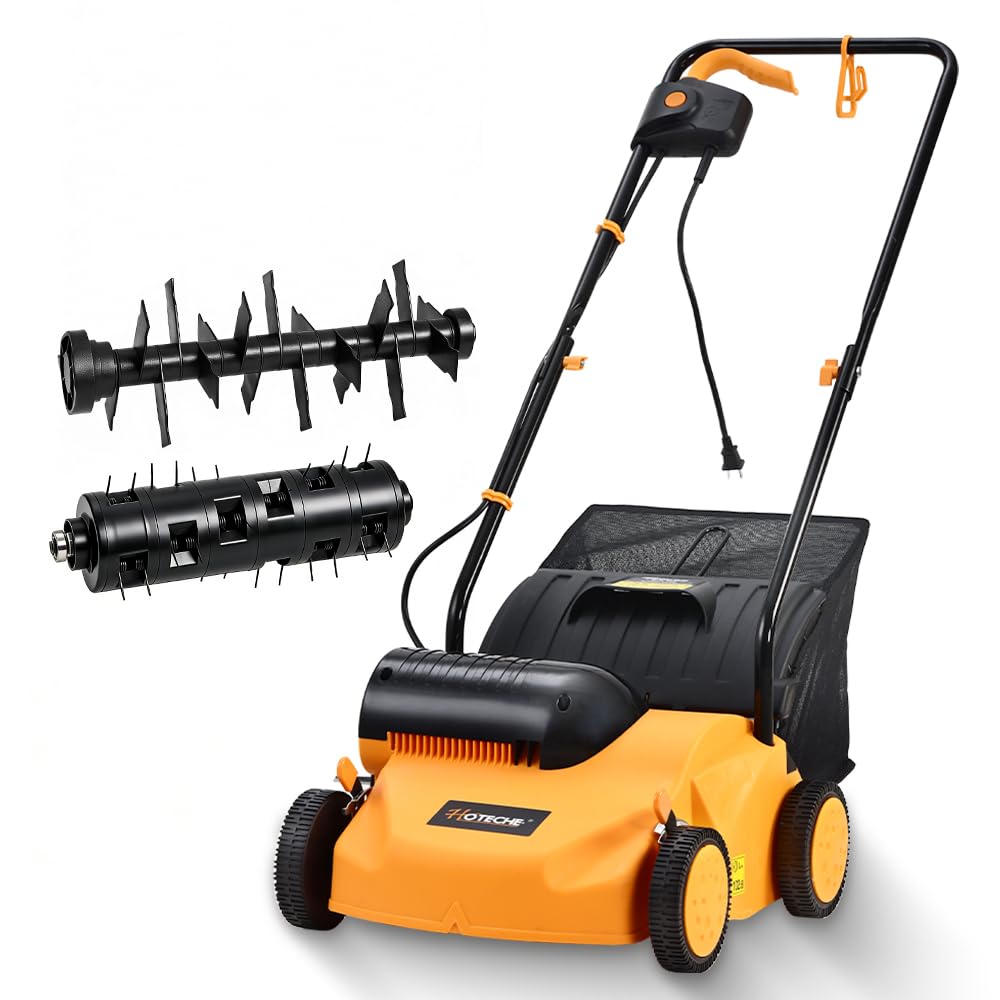 Hoteche Elektryczny wertykulator 1300 W, szerokość robocza 2500 obr./min, 320 mm, pojemnik na trawę 35 l, pomarańczowo-czarny, kolorowe pudełko